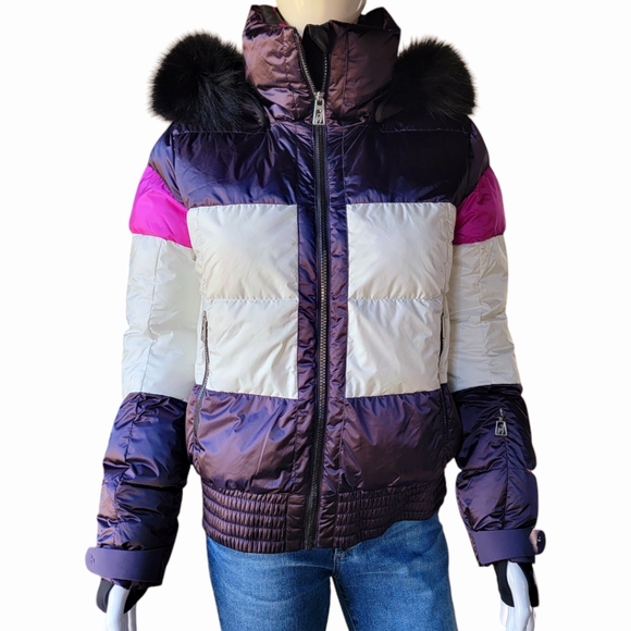Toni Sailer Ski Snow Jacket Coat Women Purple Black with real fur, size US 8 - Picture 1 of 16
